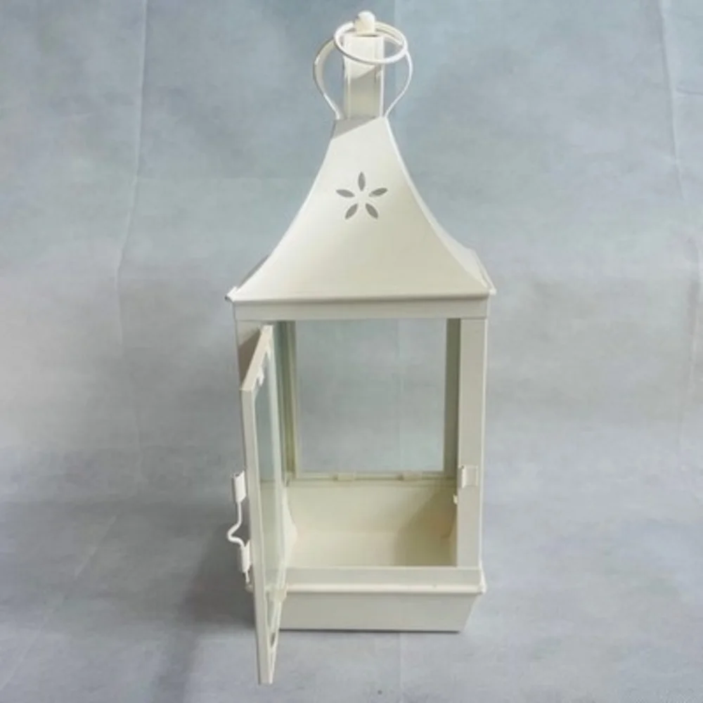 Large White Candle Lantern Metal Glass Farmhouse Decor Lantern Candle Holder VG